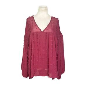 ENTRO Burgundy Swiss Dot Long Sleeves Tunic Size Large